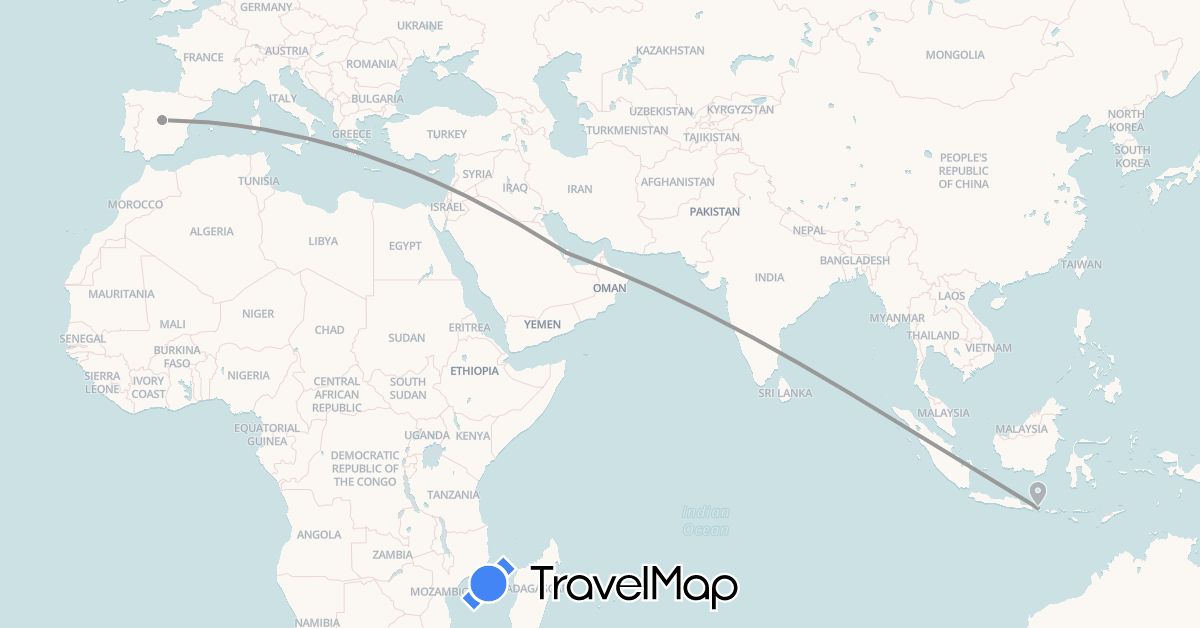 TravelMap itinerary: driving, plane in Spain, Indonesia, Qatar (Asia, Europe)